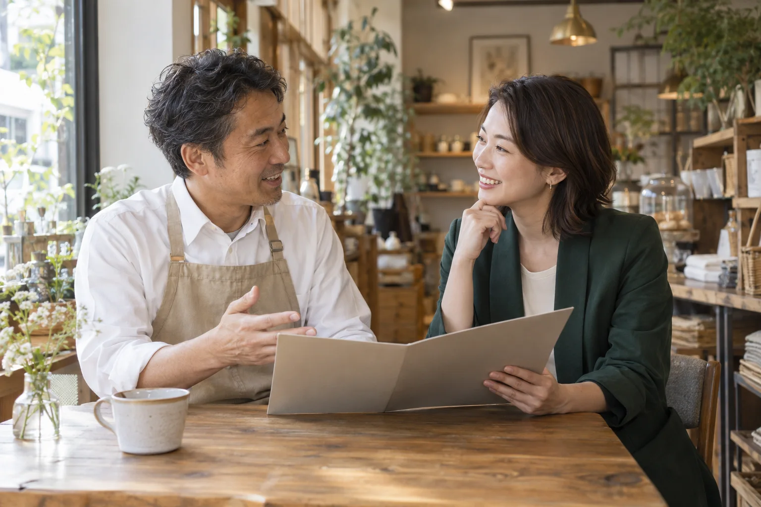 明るい店舗で事業のこれからについて相談する経営者とアドバイザーのイメージ