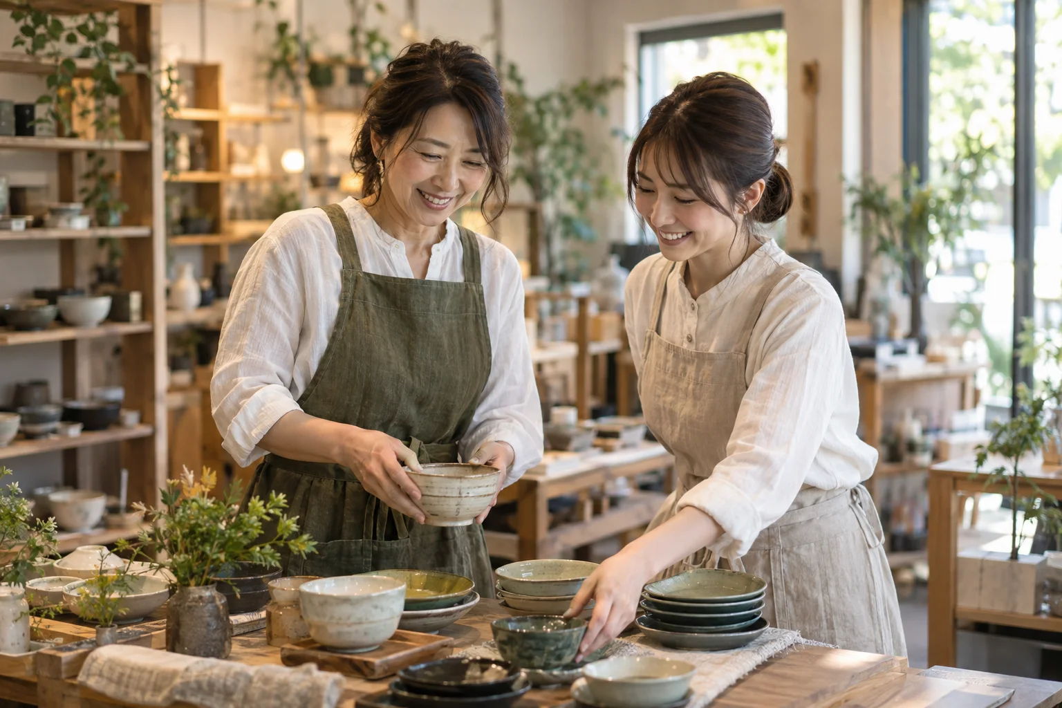 小売店で日々の店舗運営について話し合うオーナーとスタッフのイメージ